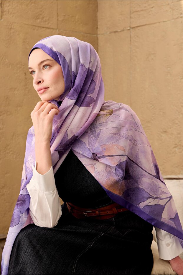 Polyester Velina Shawl Purple-Powder-Lilac Patterned Shiny Textured Lightweight 190X70