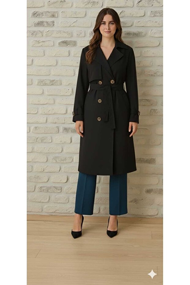 Bondit Women's Trench Coat with Fabric Belt and Buttoned Pockets
