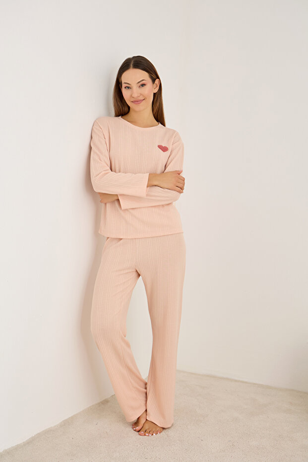 somon Kalp nakışlı Fitilli Yumuşak Tuşe Örme Pijama Takım - 2