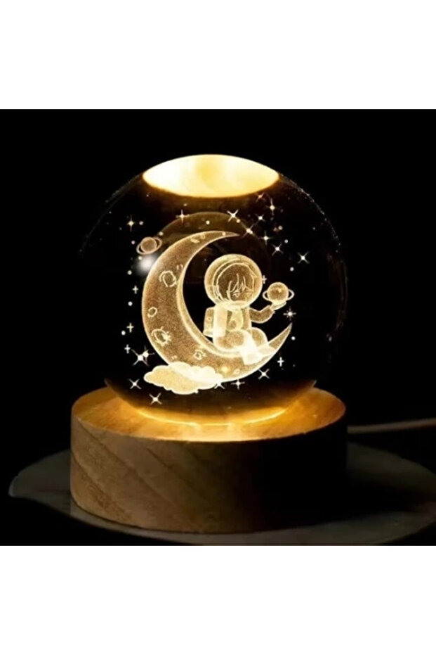 Decorative Illuminated Glass Globe with Wooden Base, Astronaut Design on the Moon, 8cm Large Size - 1