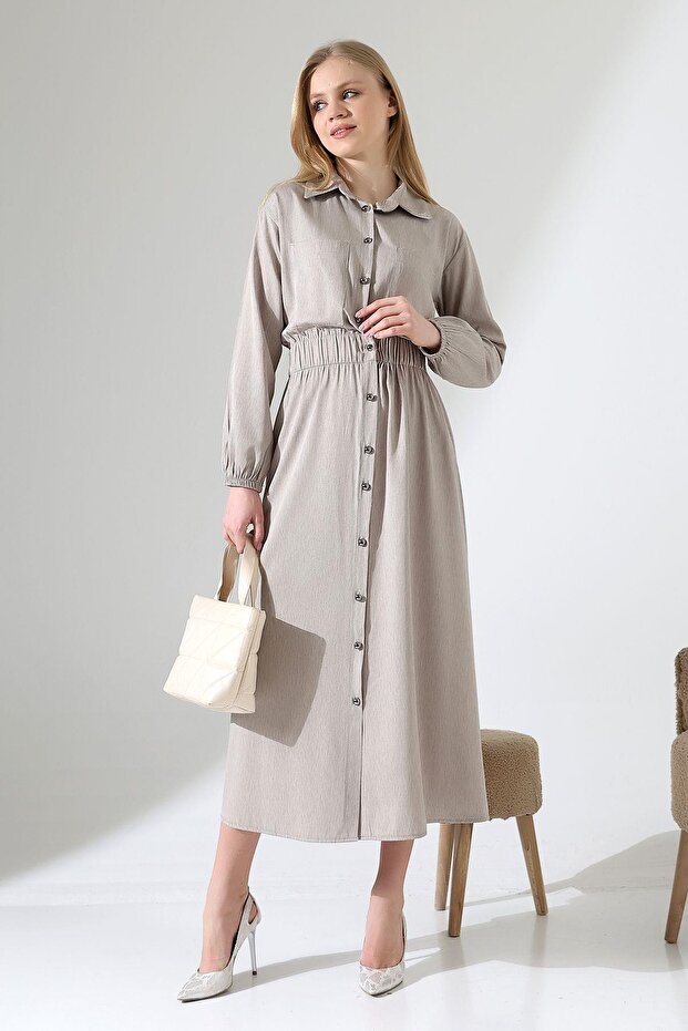 Buttoned Waist Elastic Bag Pocket Dress