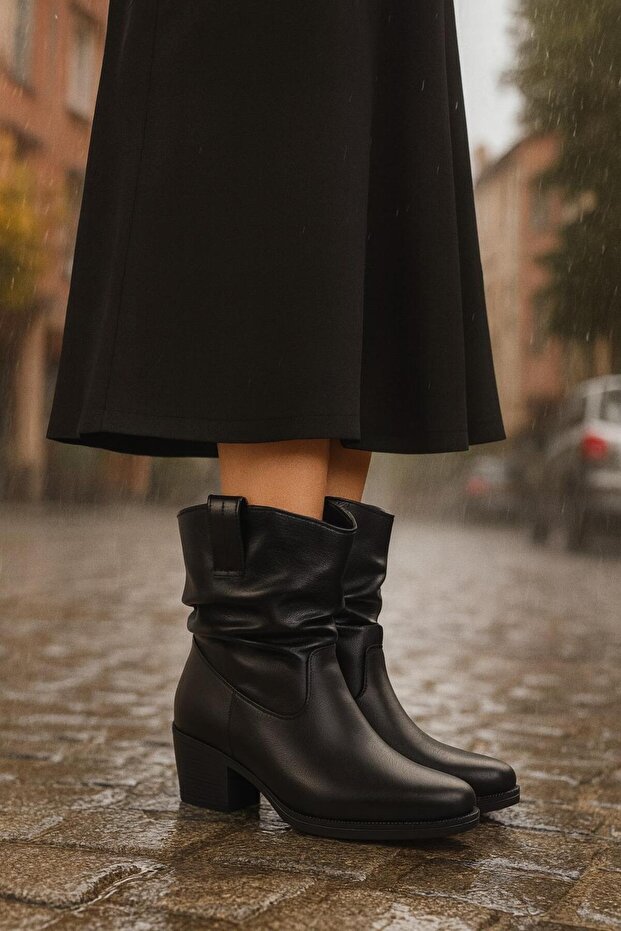 Kalın Topuklu Cilt/Süet Kadın Bot & Bootie - 1