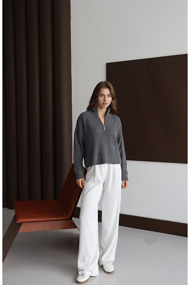 Kadın Antrasit Oversize Fermuarlı Basic Triko Kazak - 4