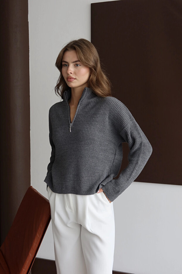 Kadın Antrasit Oversize Fermuarlı Basic Triko Kazak - 1