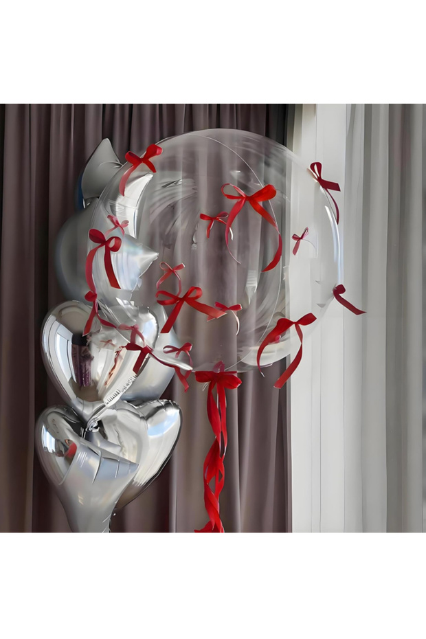 Red Bow Transparent Balloon Balloon Bundle Set with Silver Star and Heart Balloons, Set of 6