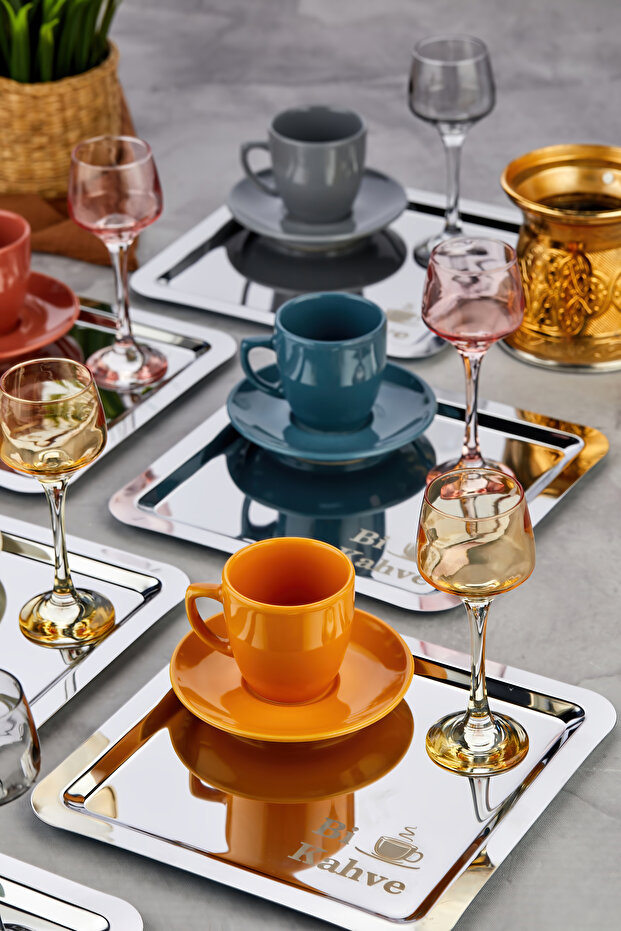 6'lı Bi Kahve Metal Kelebekli Kahve Sunum Tepsisi/Kare Sunum Tepsi - 6