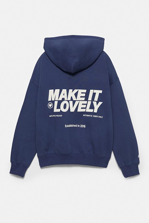 Kapüşonlu mavi yazılı sweatshirt - 7