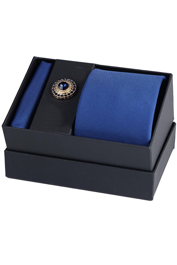 Hand Made Navy Blue Tie & Handkerchief & Gold Color Navy Blue Stone Collar Brooch Gift Set