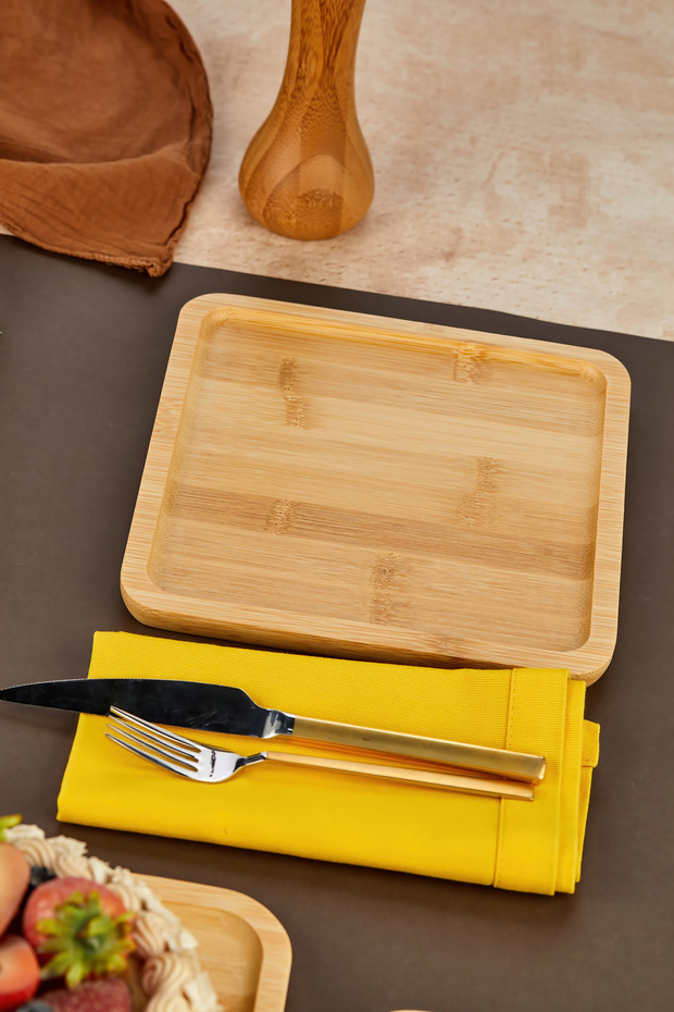 7 Parça Bambu Pasta Takımı/Bambu Sunumluk/Kahvaltı Tabağı/Bambu Kare Pasta seti - 6