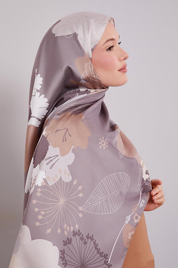 Sütlü Kahve Çiçek Desen Twill Şal - 1