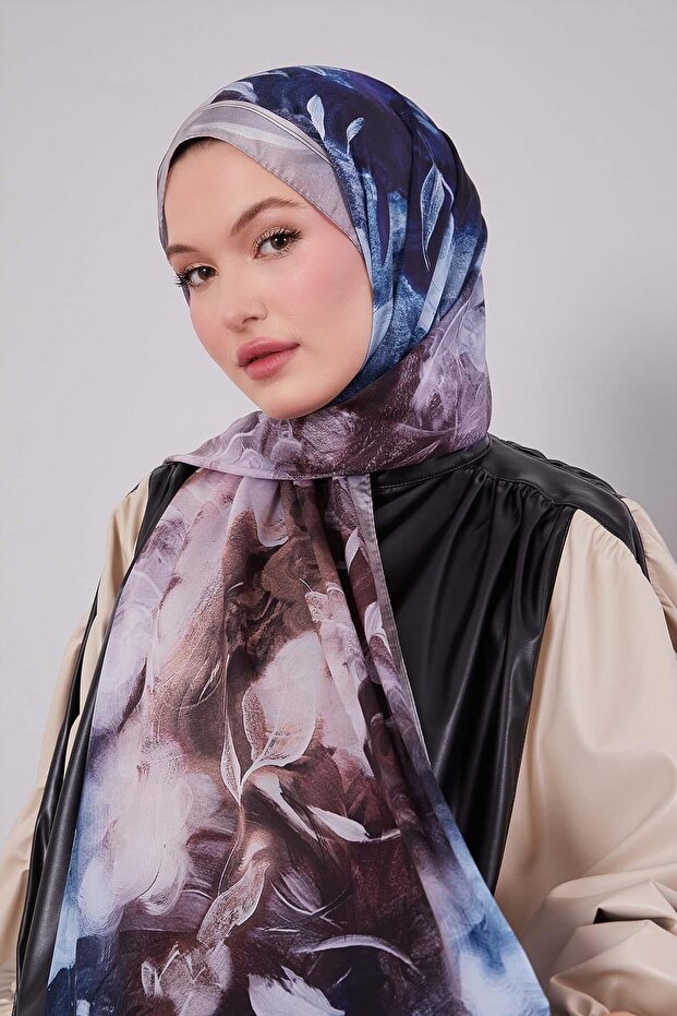 Krem Karışık Yaprak Desen Hint İpeği Şal - 2