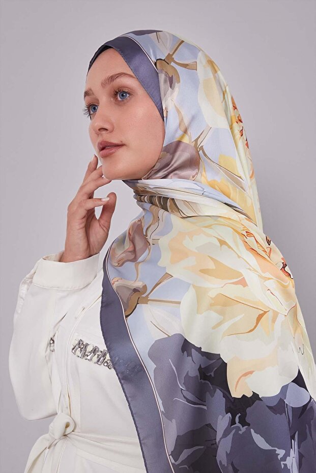 Lime Lotus Desen Hint İpeği Şal - 1