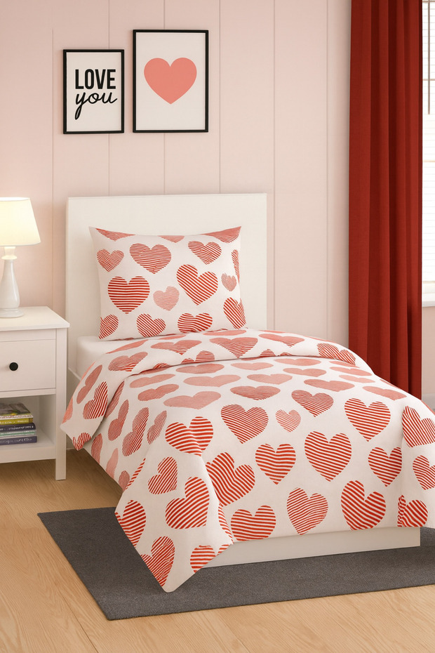 Duvet Cover Set for Single Bed, Including Duvet Cover + Fitted Sheet + 1 Pillowcase, Heart-Shaped, 100% Cotton.