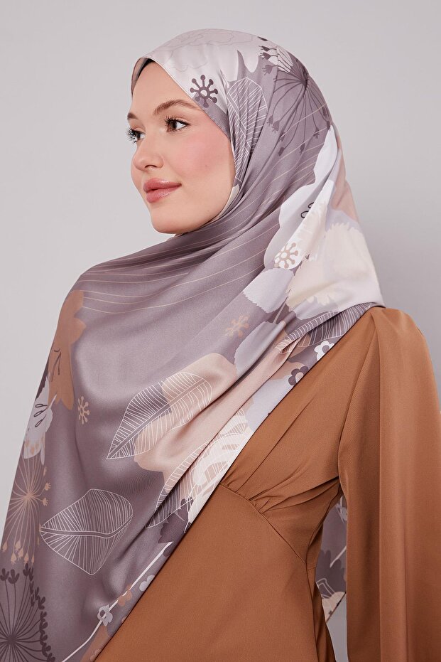 Sütlü Kahve Çiçek Desen Twill Şal - 2