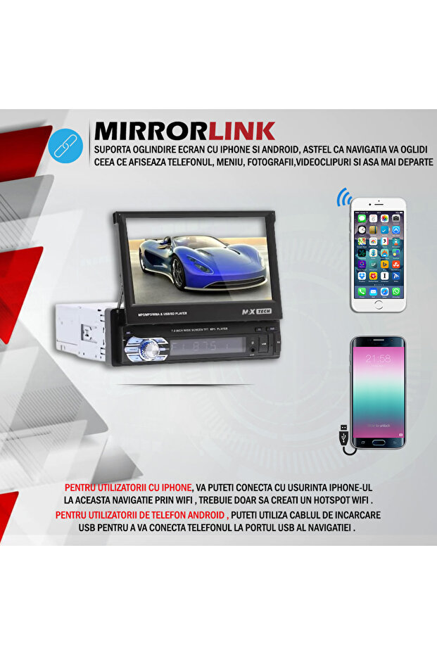 MP5 Player Universal Cu Android, MaxTech®, Casetofon cu Ecran Retractabil, Ecran LCD de 7 inch - 8