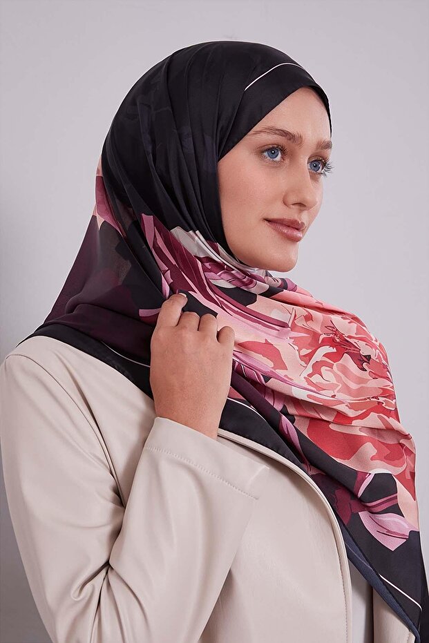 Mor Lotus Desen Hint İpeği Şal - 2