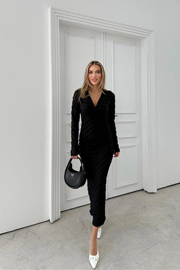 V Yaka Ters Dikiş Gofre Uzun Kalem Elbise - 1