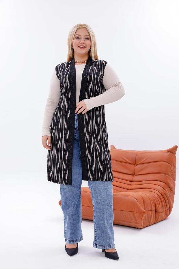 سترة طويلة منقوشة بالأحجار مقاس كبير - 5