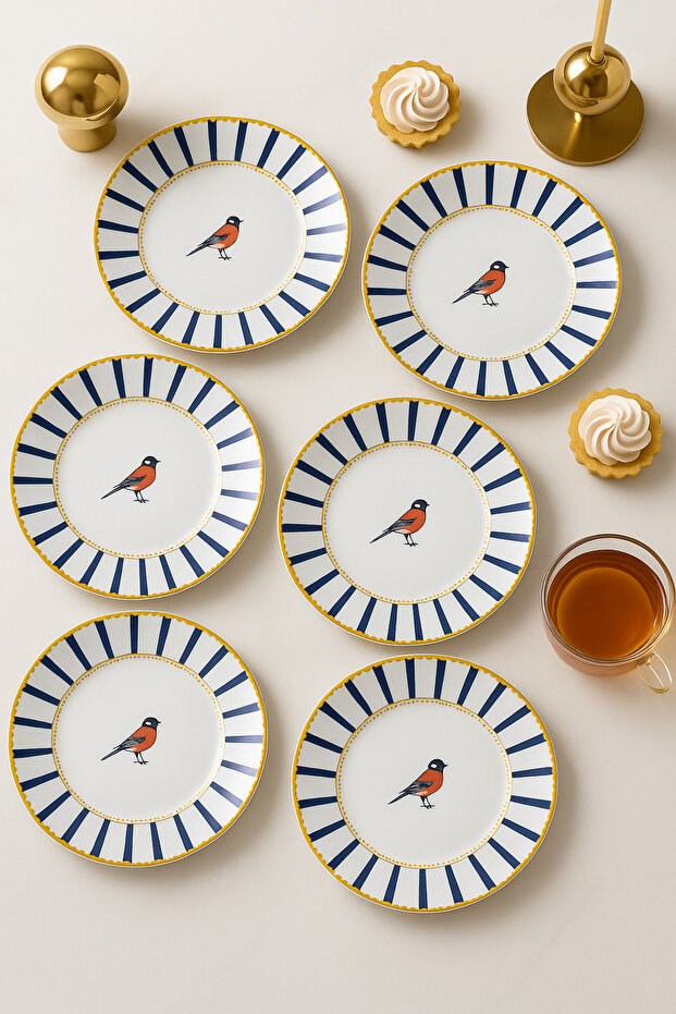 Bird Patterned Blue Striped 6-Piece Cake or Dessert Plate Set (20 CM) – Modern and Stylish Presentation Plates