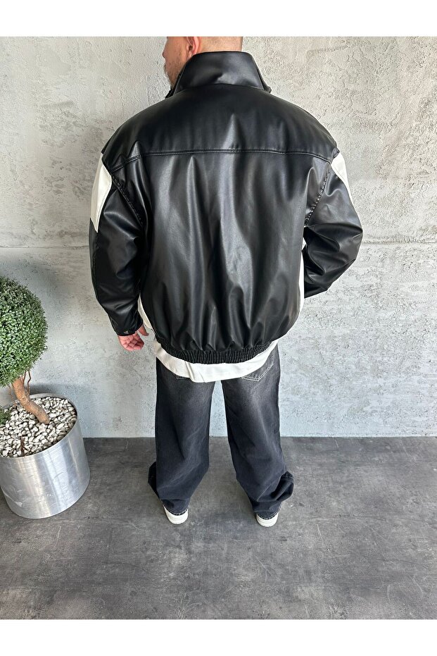 Black Patchwork Leather Jacket - 4