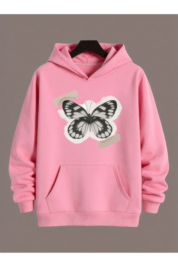 Unisex Butterfly Colorful Custom Printed Cotton Oversize Hooded Sweatshirt