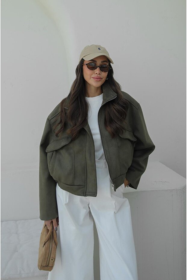 Khaki semišová bunda s kapsami - 3