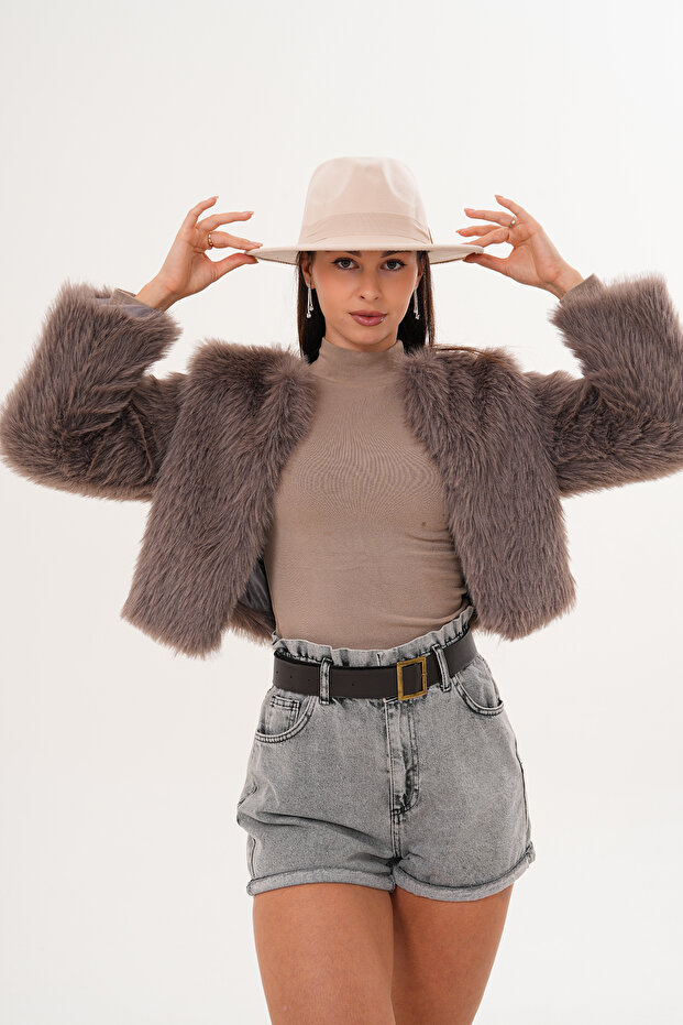 Crop Boy Basic Yaka Tüylü Ceket - 3