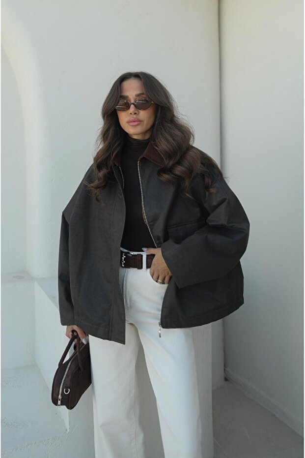 Brown Waxed Look Velvet Collar Jacket