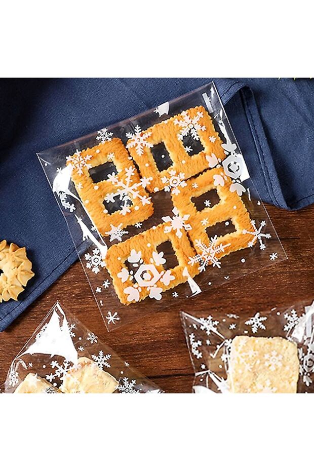 Kar Tanesi Kurabiye Poşeti, Çikolata, Şeker Poşeti, Hediyelik Poşeti, Bantlı Jelatin OPP 7x7 95 Adet - 2