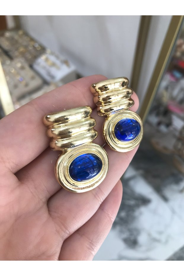 Special Series Gold Detailed Navy Blue Earrings