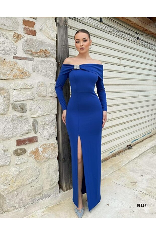 Crepe stretch fabric bow neckline stone detailed slit evening dress 583357 cobalt blue