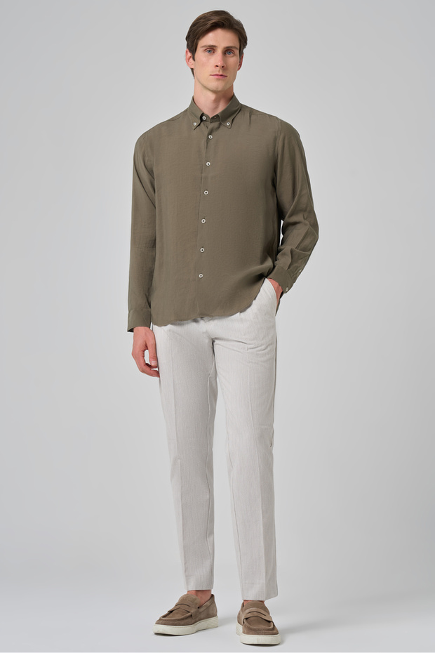 Men's Khaki Trend Plain Pattern Dynamic Fit Buttoned Collar Shirt - 4