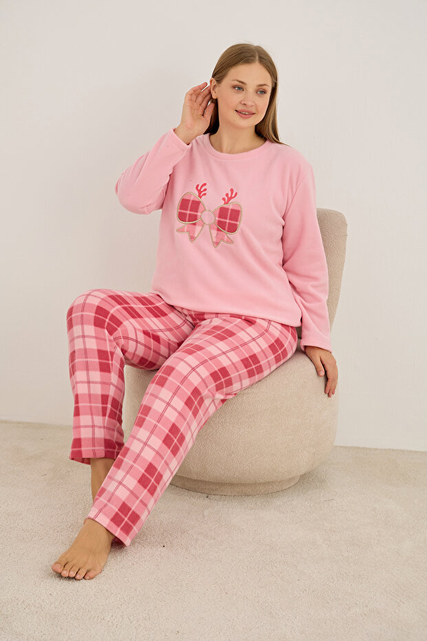 Pink Bow Embroidered Plaid Plus Size Fleece Winter Knitted Pajamas Set