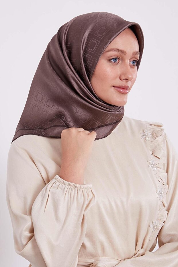 Dark Brown Baklava Pattern Monogram Silk Scarf - 1