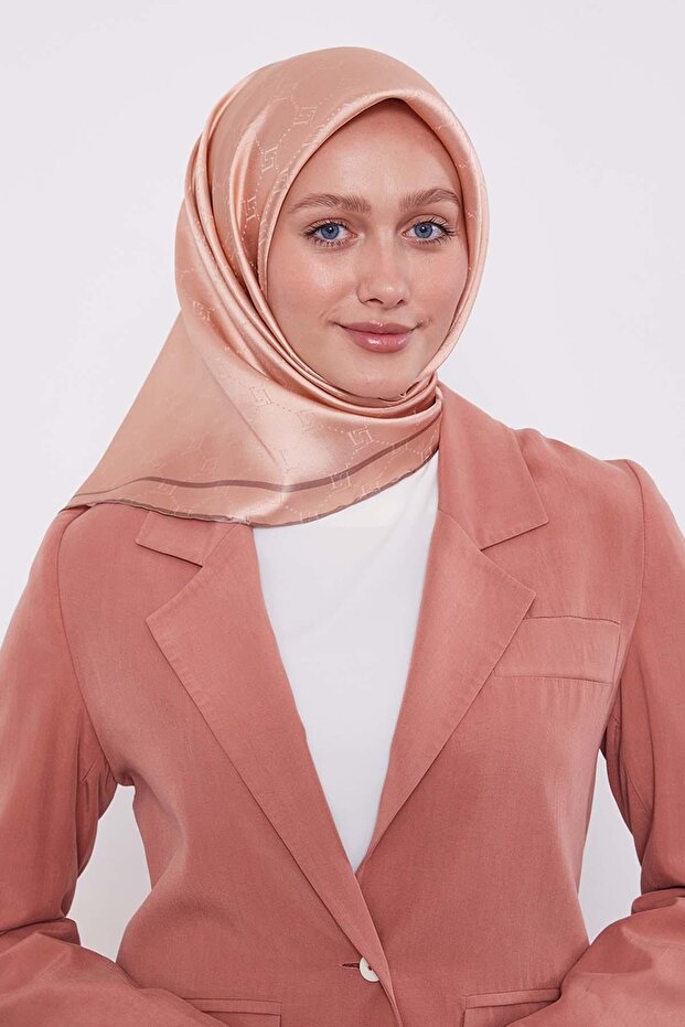 Salmon Honeycomb Pattern Monogram Silk Scarf - 3