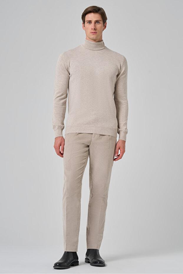 Erkek Bej Basic Balıkçı Yaka Dynamic Fit Rahat Kesim Triko - 4