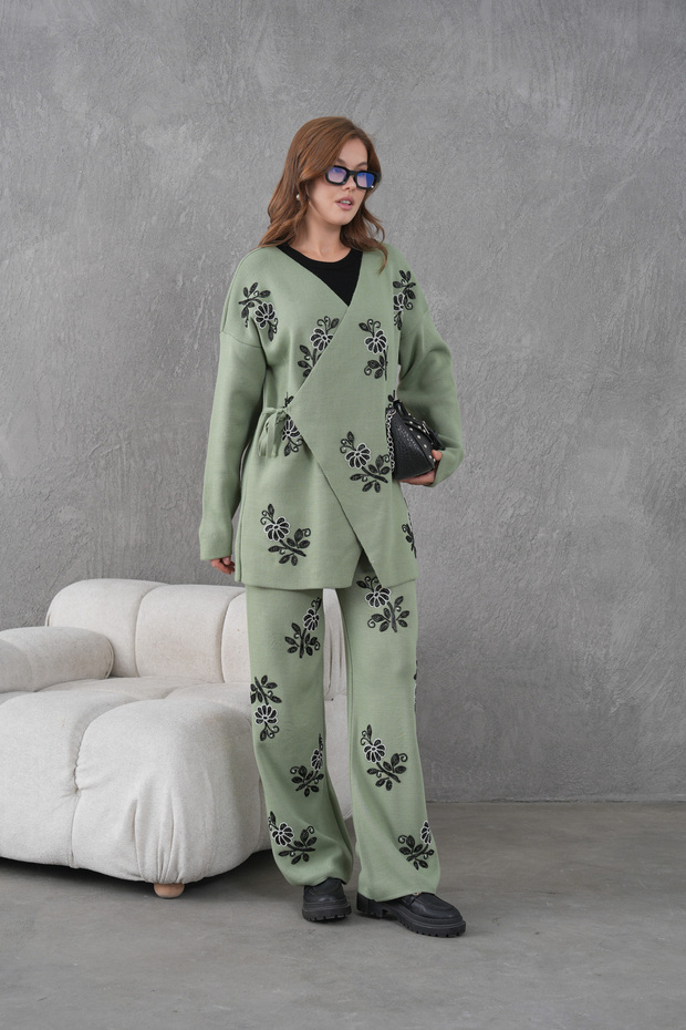 Women's Beaded and Embroidered Side-Tie Wide-Fit Knit Cardigan and Pants Set