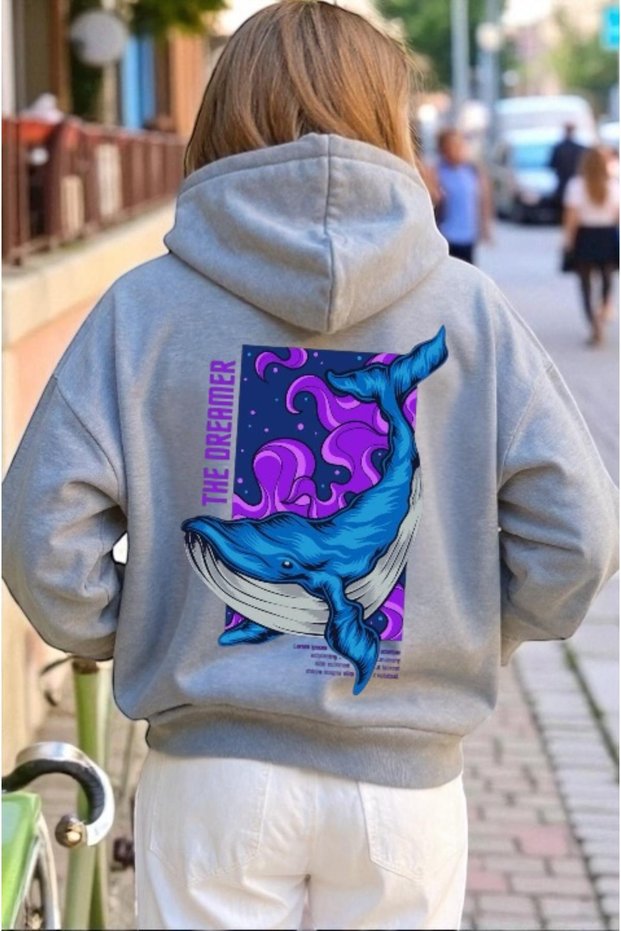 Unisex Blue Whale Colorful Custom Printed Cotton Oversize Hooded Sweatshirt