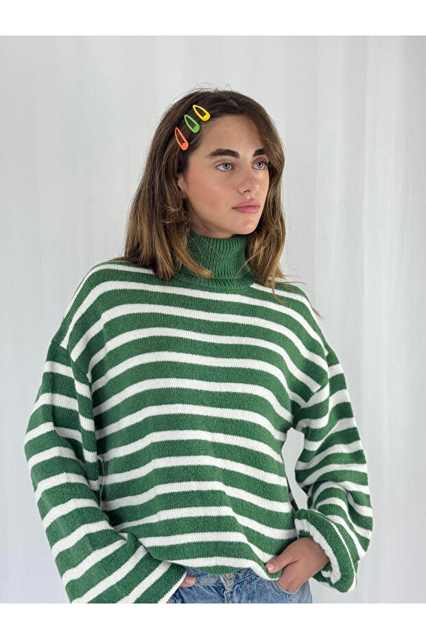 High-Necked Striped Sweater Women's Green
