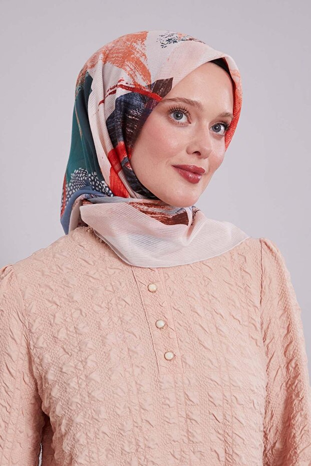 Beige Brush Pattern Cotton Scarf - 2