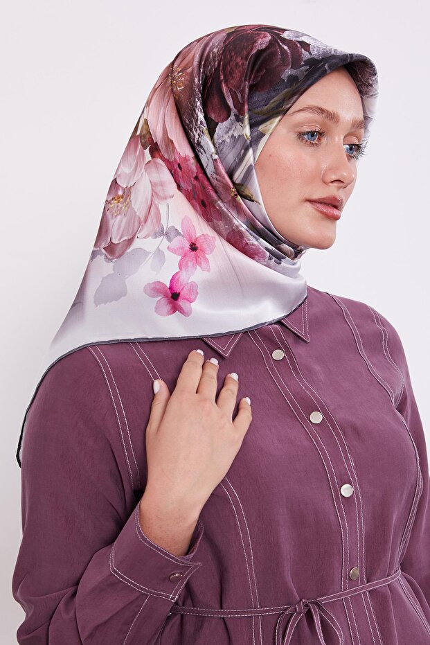 Gray Floral Pattern Sura Silk Scarf