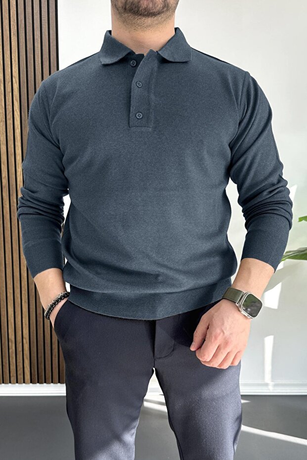 Men's Buttoned Polo Neck Sweater Indigo Edw231