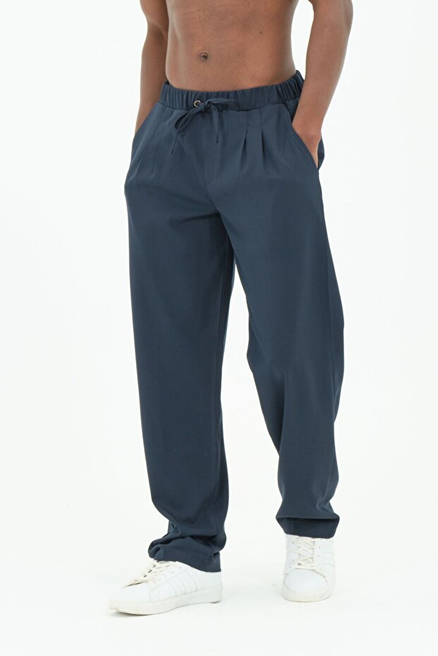 Double Pleated Elastic Wide Leg Baggy Navy Blue Trousers up to 10XL