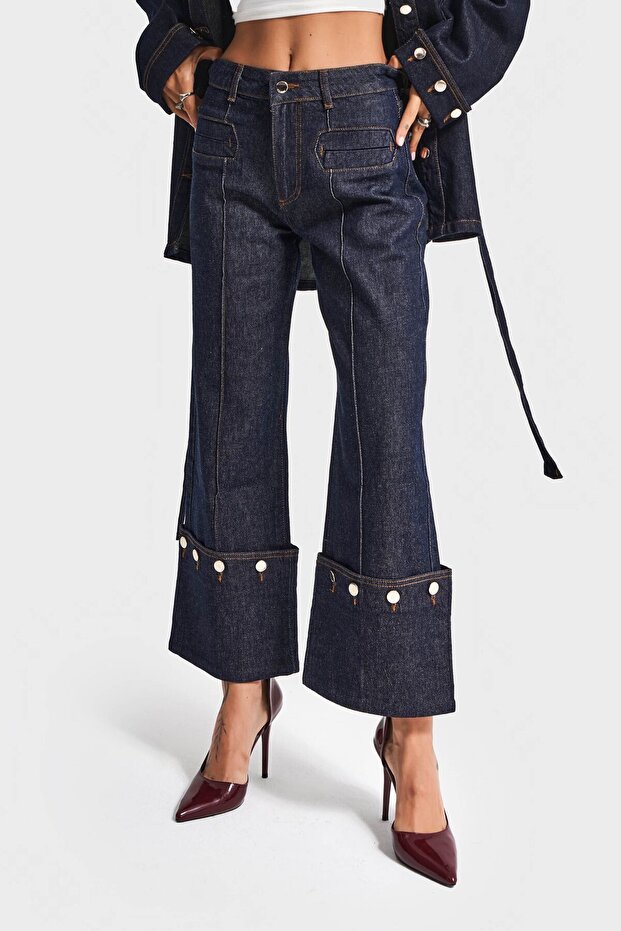 Women's Indigo Color 7w5-50 Cropped Straight Fit Hem Detail Design Denim Jeans