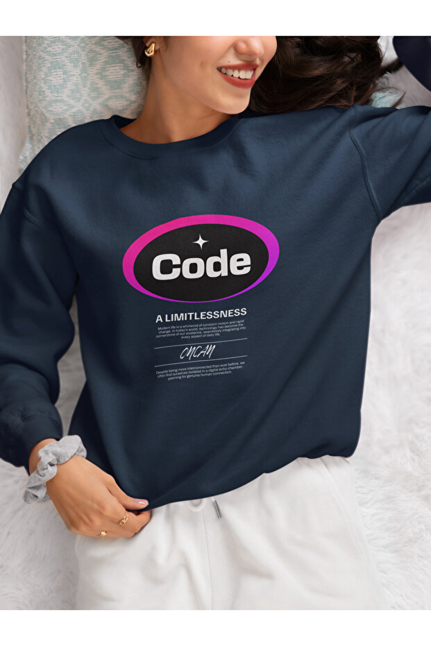 Code Printed Cotton Long Sleeve Ribbed 3-Ply Circular Neck Sweatshirt