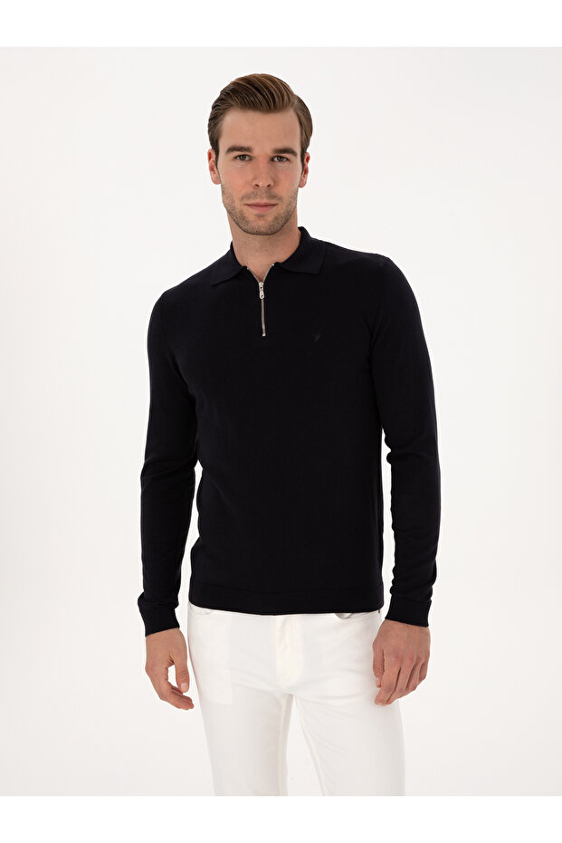 Navy Blue Regular Fit Cotton Blend Zippered Polo Neck Basic Knitwear Sweater 50318721-Vr033