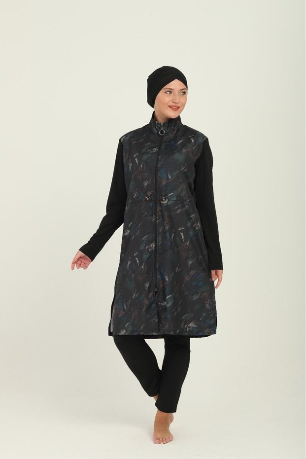 Women's Full-Length Zipper Hijab Swimsuit Adjustable Waist Elastic Fit Burkini Water Repellent Fabric