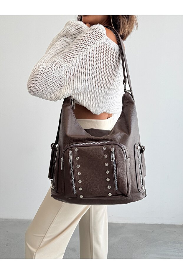 New Casual Model Quality Soft Leather Stone Side Pocket Multi-Section Large Size Back and Shoulder Bag