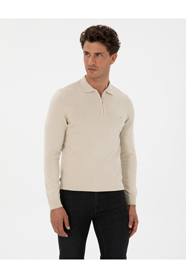 Cream Melange Slim Fit Polo Neck Zippered Basic Knitwear Sweater 50315406-Vr159