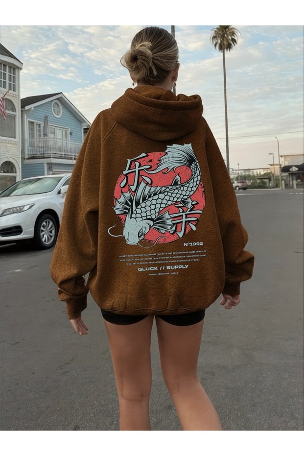 Unisex Koi Fish Colorful Custom Printed Cotton Oversize Hooded Sweatshirt